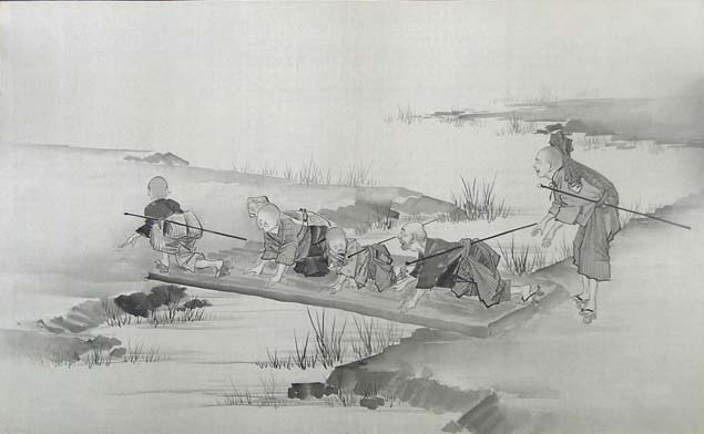 School of Yoshitoshi, blind men crossing a bridge